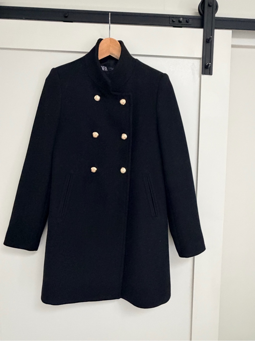 Zara Black Double-Breasted Pea Coat with Gold Buttons